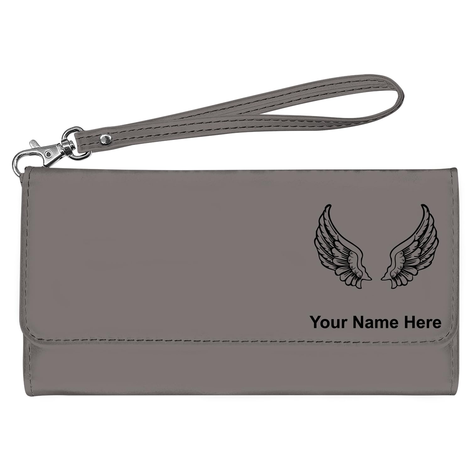 LaserGram Faux Leather Womens Wallet with Strap, Angel Wings, Personalized Engraving Included (Gray)