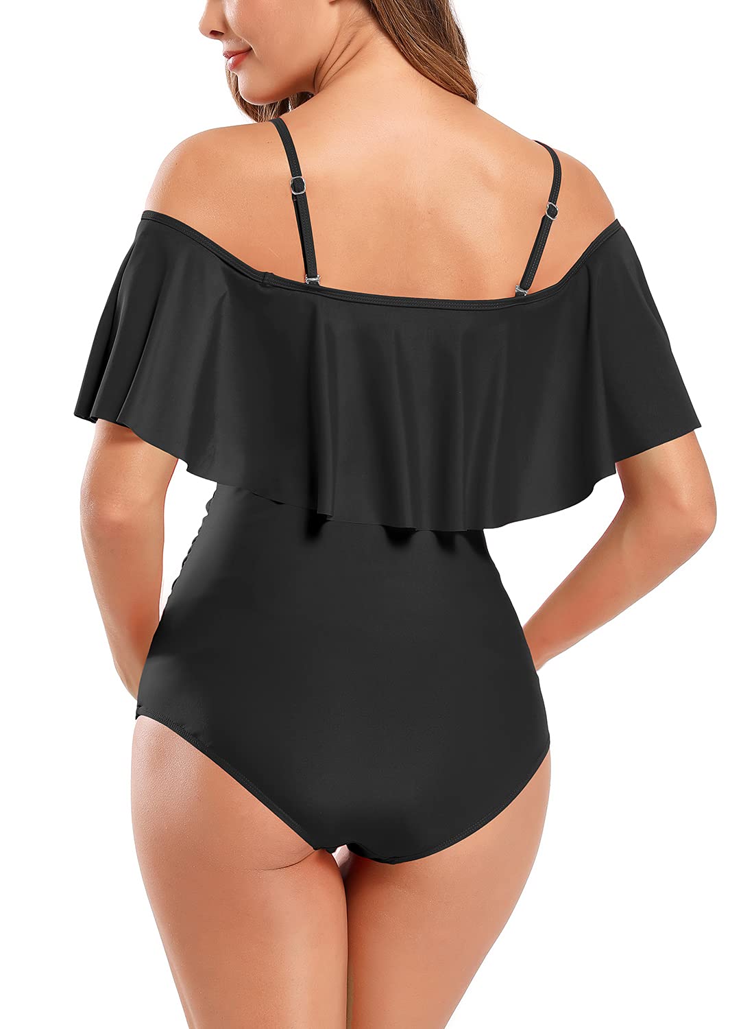 SHEKINI Donne Off-Shoulder Premaman Un Pezzo Costumi Da Bagno Increspature Gravidanza Beachwear - Nero - XL