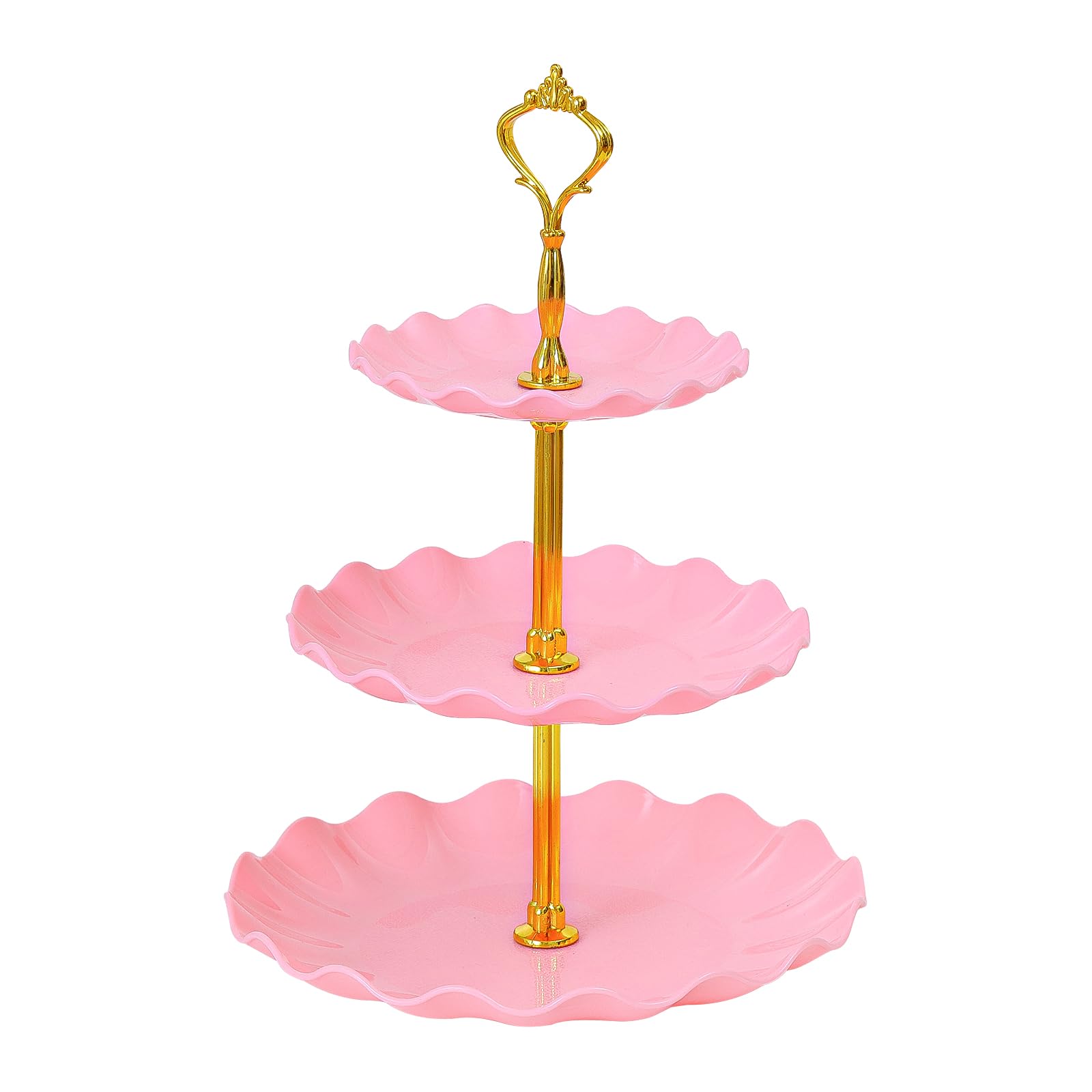 Soleebee Alzata per cupcake a 3 livelli, vassoio da portata ondulato in plastica, a torre per cupcake, decorazione per feste di compleanno, matrimoni, cupcake, frutta, dessert (rosa)