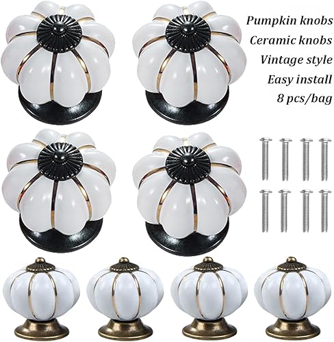 Miniatura 4 de Pomos de cerámica para gabinete, paquete de 8, manijas de puerta de calabaza elegantes y vintage para cocinacajónarmarioarmario (blanco, 8 piezas)