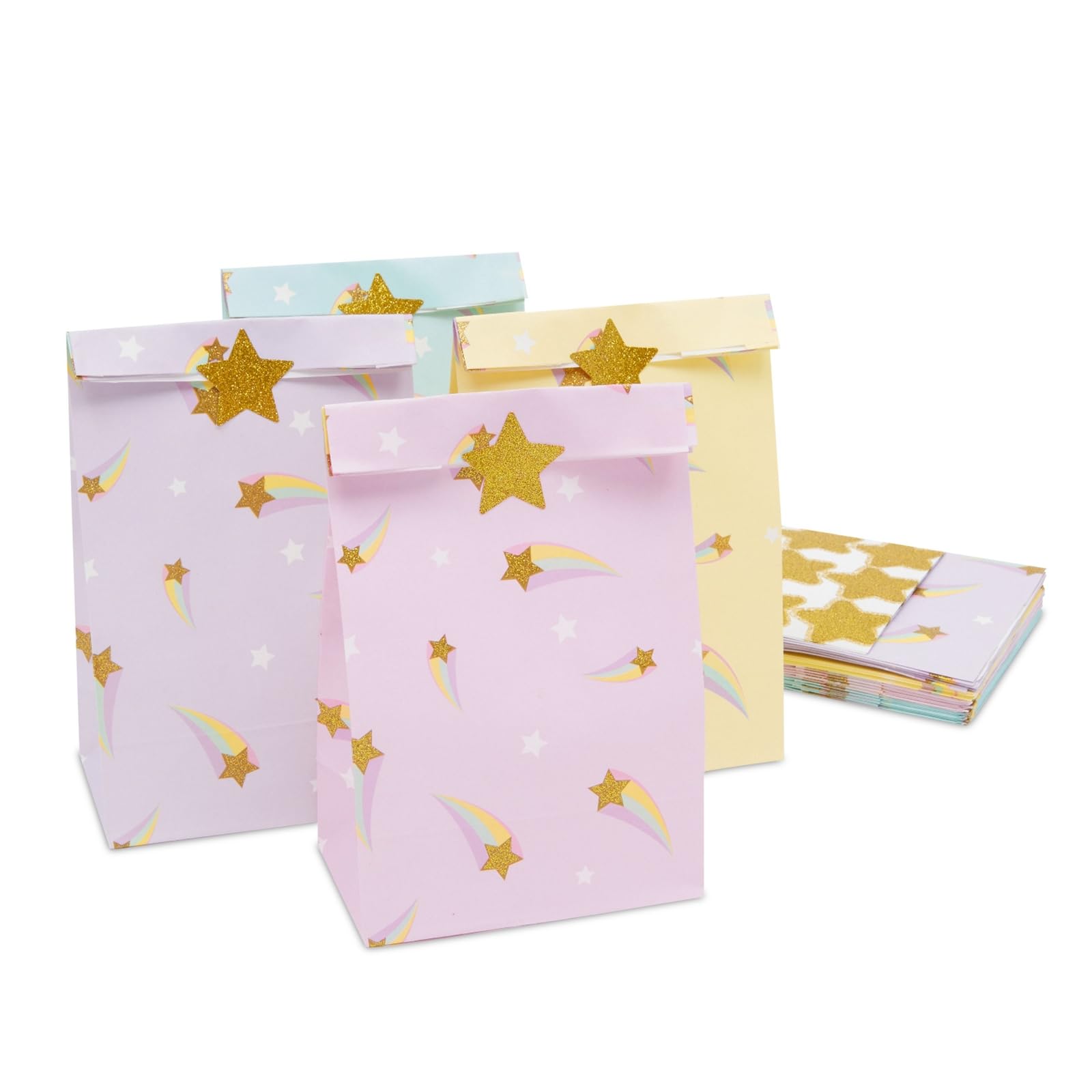 BLUE PANDA Rainbow Party Favors Pastel Star Pouches With Gold Foil Stickers - 24 Pack, 4 Colors, 8.5 x 5.15 x 3.15 In - Party Favor Candy - Themed Gift Bags & Pastel Rainbow Goodie Pouches