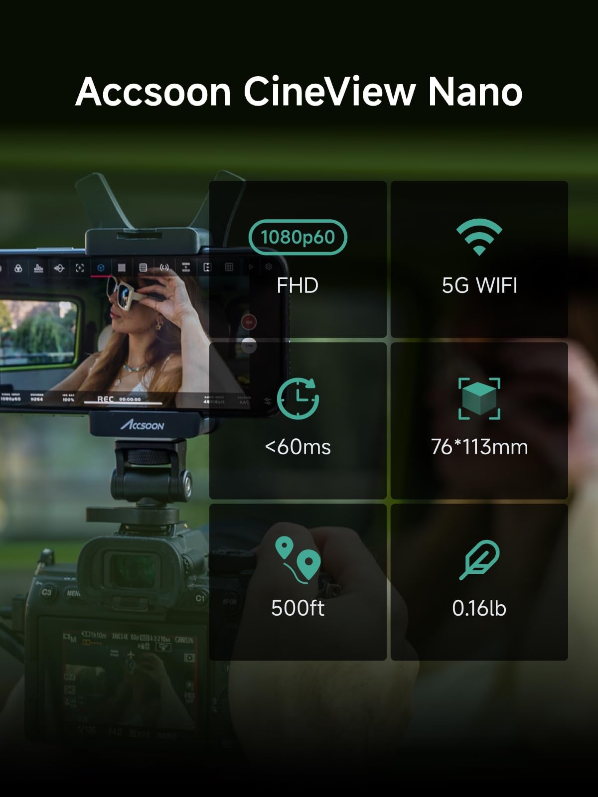 Accsoon CineView Nano Émetteur Vidéo sans Fil 5G HDMI, Portée 150 m, Latenne < 60 ms, Compatible RS2/RS3/RS3 Pro/Caméra/DSLR, Transmission FHD 1080p, Surveillance Multi-Appareils (4X iOS/Android)