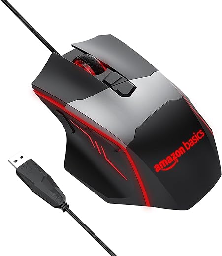 Amazon Basics USB Wired Blue Track and Blue Sensor, Ergonomic Gaming Mouse with 7 Programmable Keys | 6400 DPI