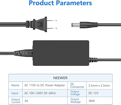 Miniatura 5 de Neewer Adaptador de fuente de alimentación AC 100-240V a DC 12V 5A 60W con cable de alimentación de 6.5 pies6.6 ft compatible con luz de video LED