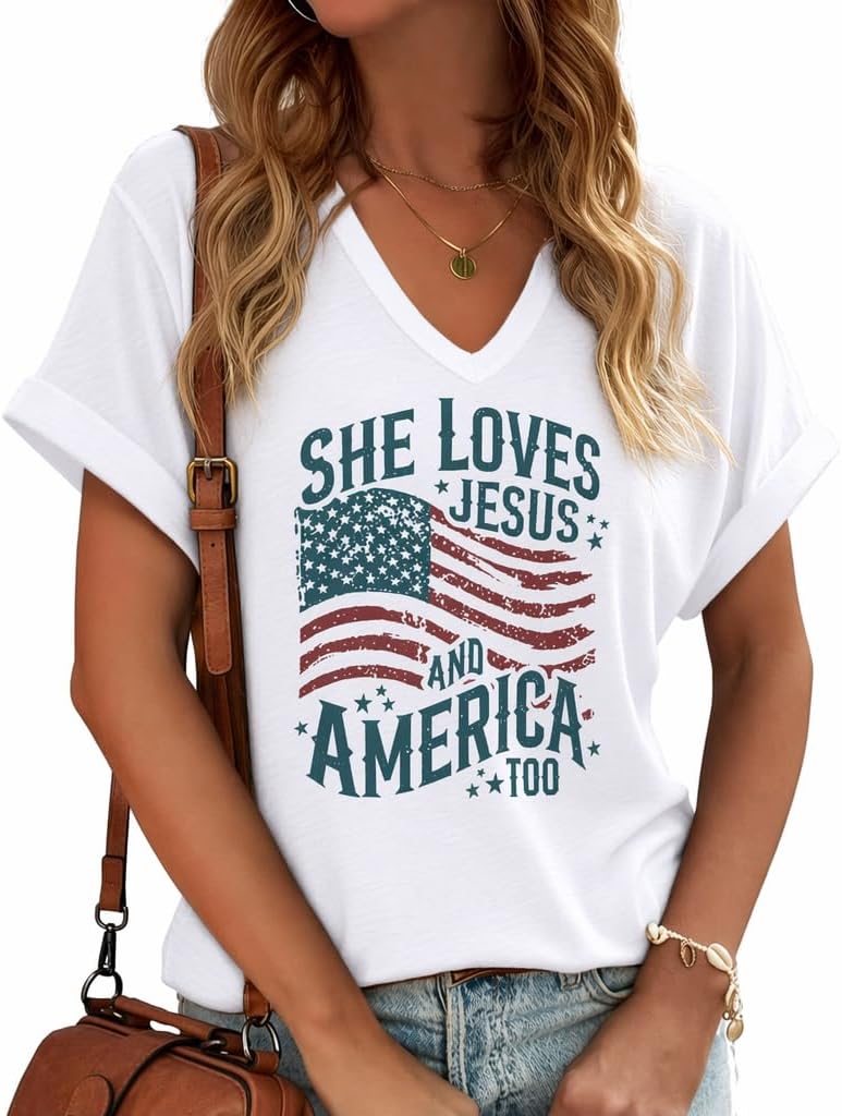 4th of July Shirts for Women: American Flag Tee USA Red White Blue Top Patriotic V-Neck T Shirt