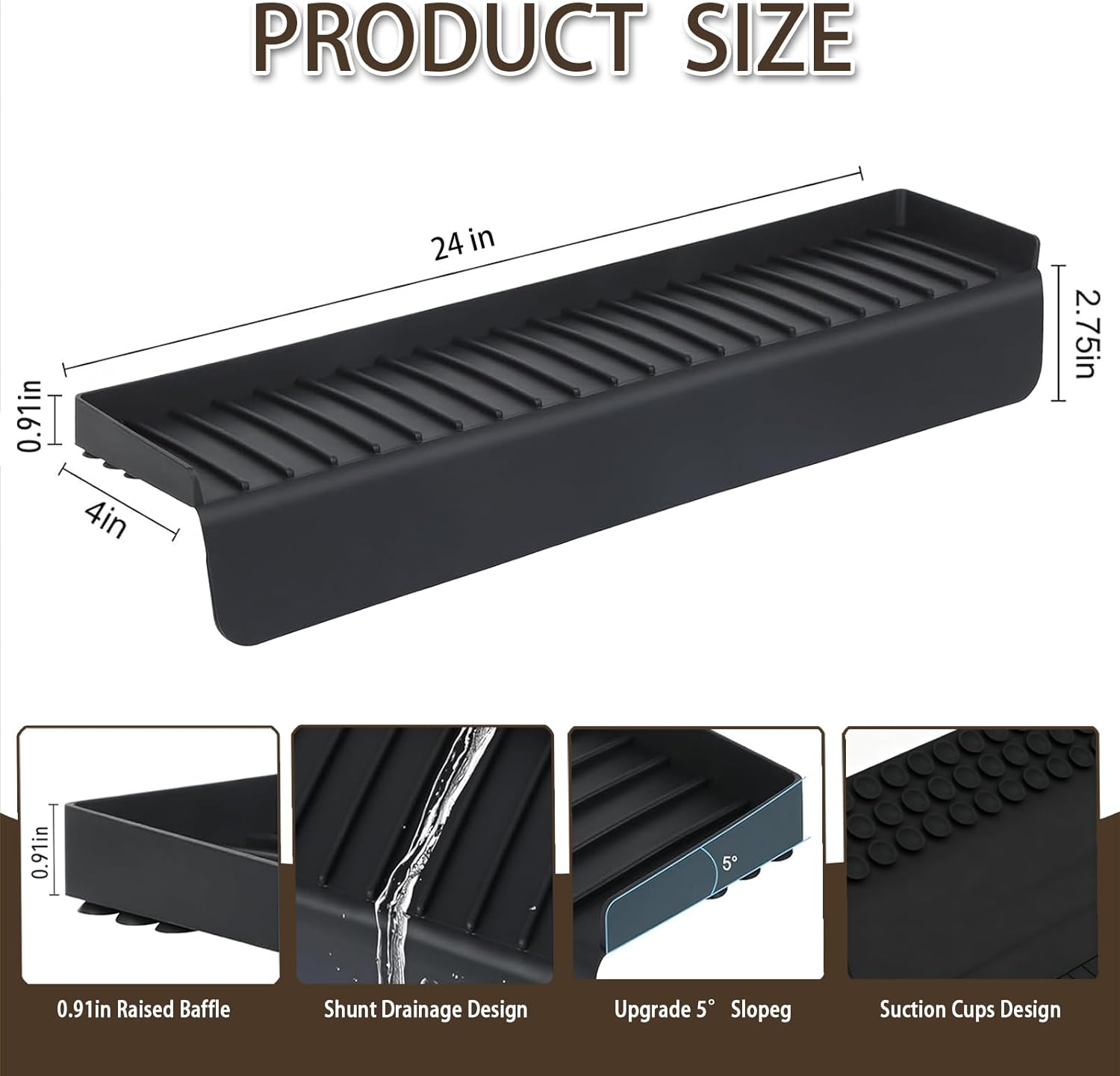 Silicone Sink Edge Protector with Suction Cup 4" x 24",Kitchen Sink Splash Guard for Kitchen, Bathroom Sink, Steel, Granite, Quartz Countertops,Multifuctional Sink Accessories (Black)