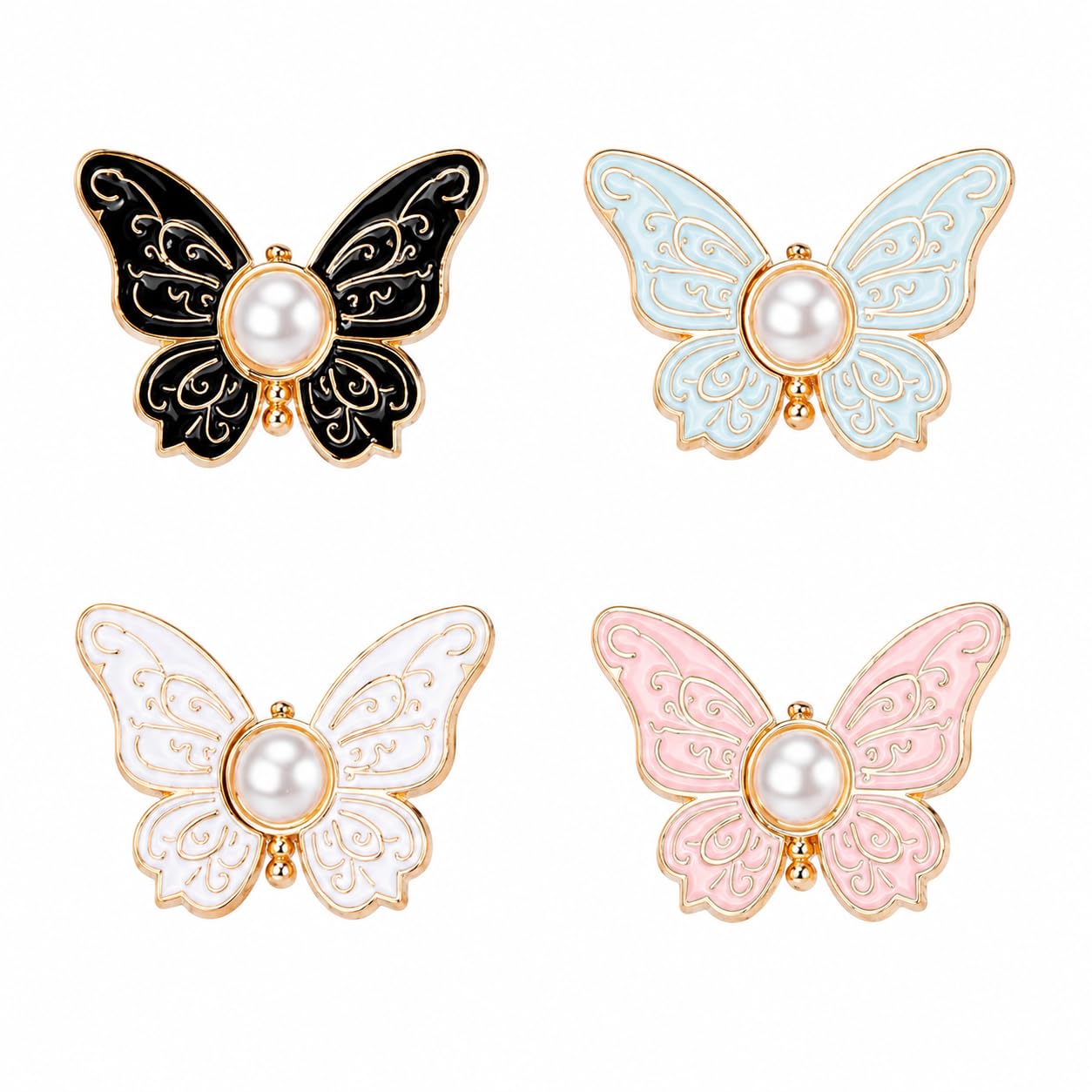 Butterfly Jean Button Pins, No-Sew Waist Tightener, Zinc Alloy with Pearl Centre, Pink, Blue, White & Black, 4 Pcs-image-37