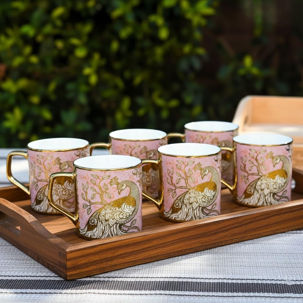 Femora Premium Pink Peacock Pattern Golden Ceramic Tea Cup | Finest Premium for Tea/Coffee/Hot Drinks | Set of 6 | Capacity- 180 ML | Pink | (Not Microwave Safe)