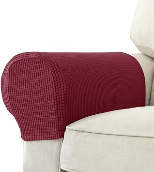 FANSU Armchair Covers for Arms Set of 2 Stretch Armrest Covers Sofa Arm Covers Checked Jacquard Anti-Slip Washable Furniture Protector for Armchair Sofa Couch Recliner Arm Rest Burgundy