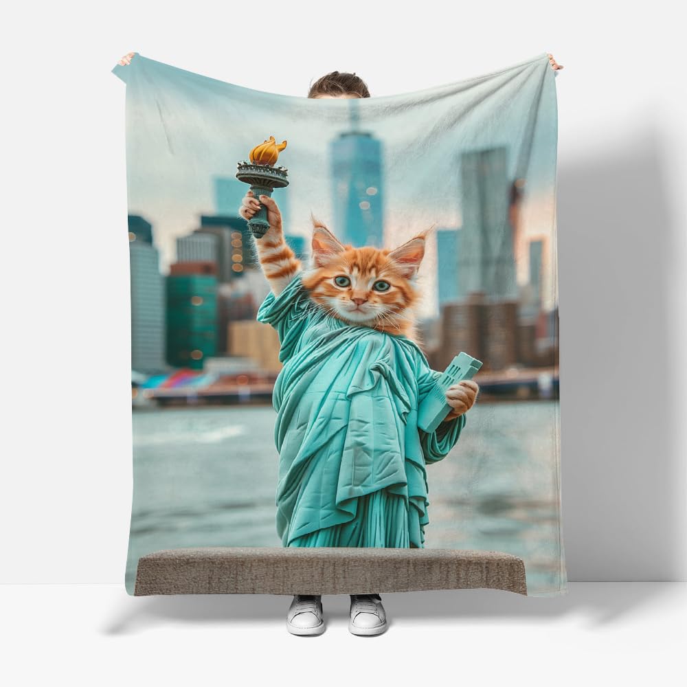 XHENTAI Blanket Kittens and the Statue of Liberty Throw Blankets for Adult Kids Bedding Decor Soft Cozy Fall Throws Decorations - 70x100cm