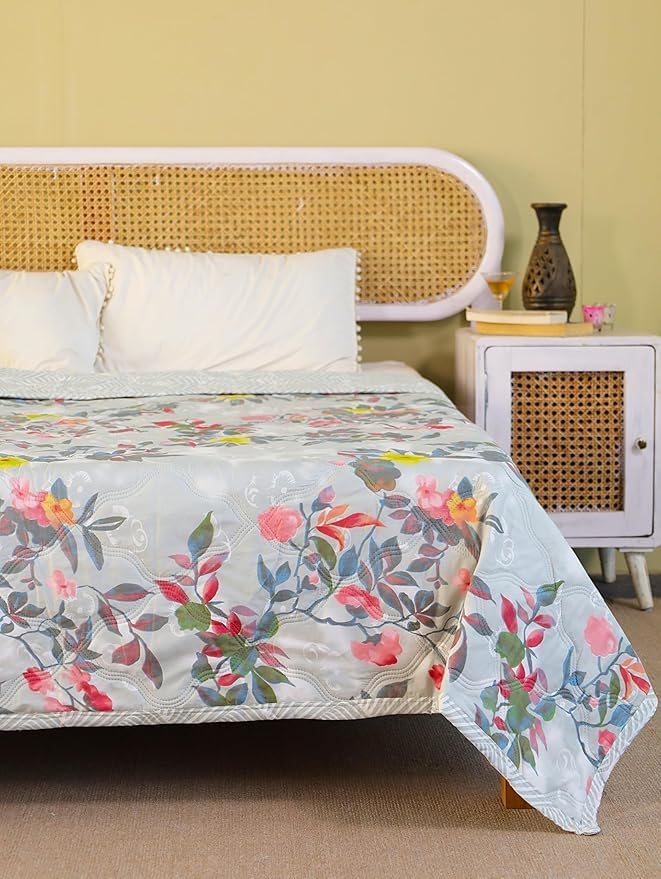 Image of SHOPINGTRADE Dohar Double Bed Cotton Blankets for Summer Ac Comforter and Cooling Blankets for Summer Grey Color Classic Printed Design Quilt Ideal for Gifting (RED Flower Design, Double Bed)