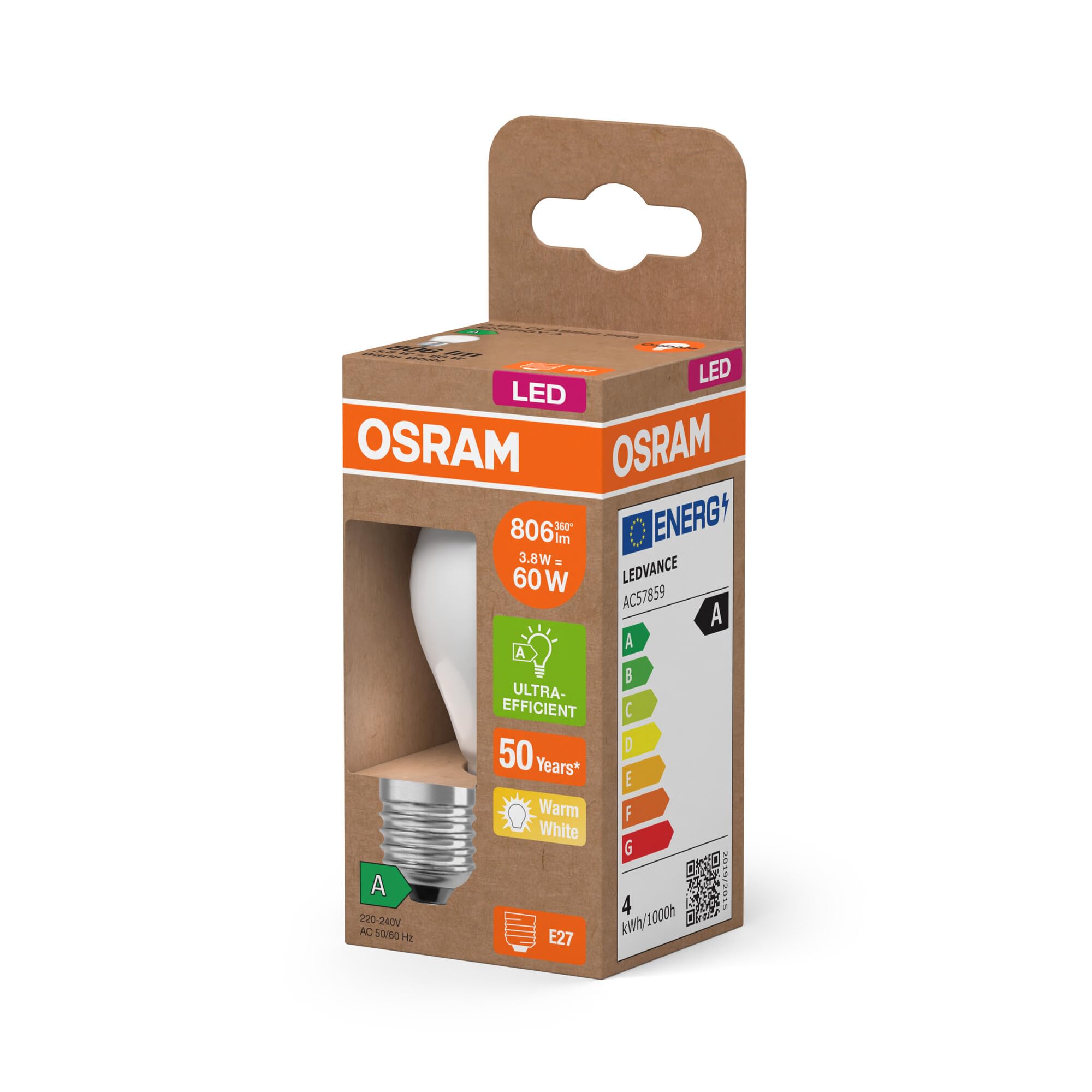 OSRAM Lámpara LED Energy Class con forma clásica de mini bola, 3,8 W / 806 | , LED Lamps, 45.00 Millimetres dia, , Paquete de 6