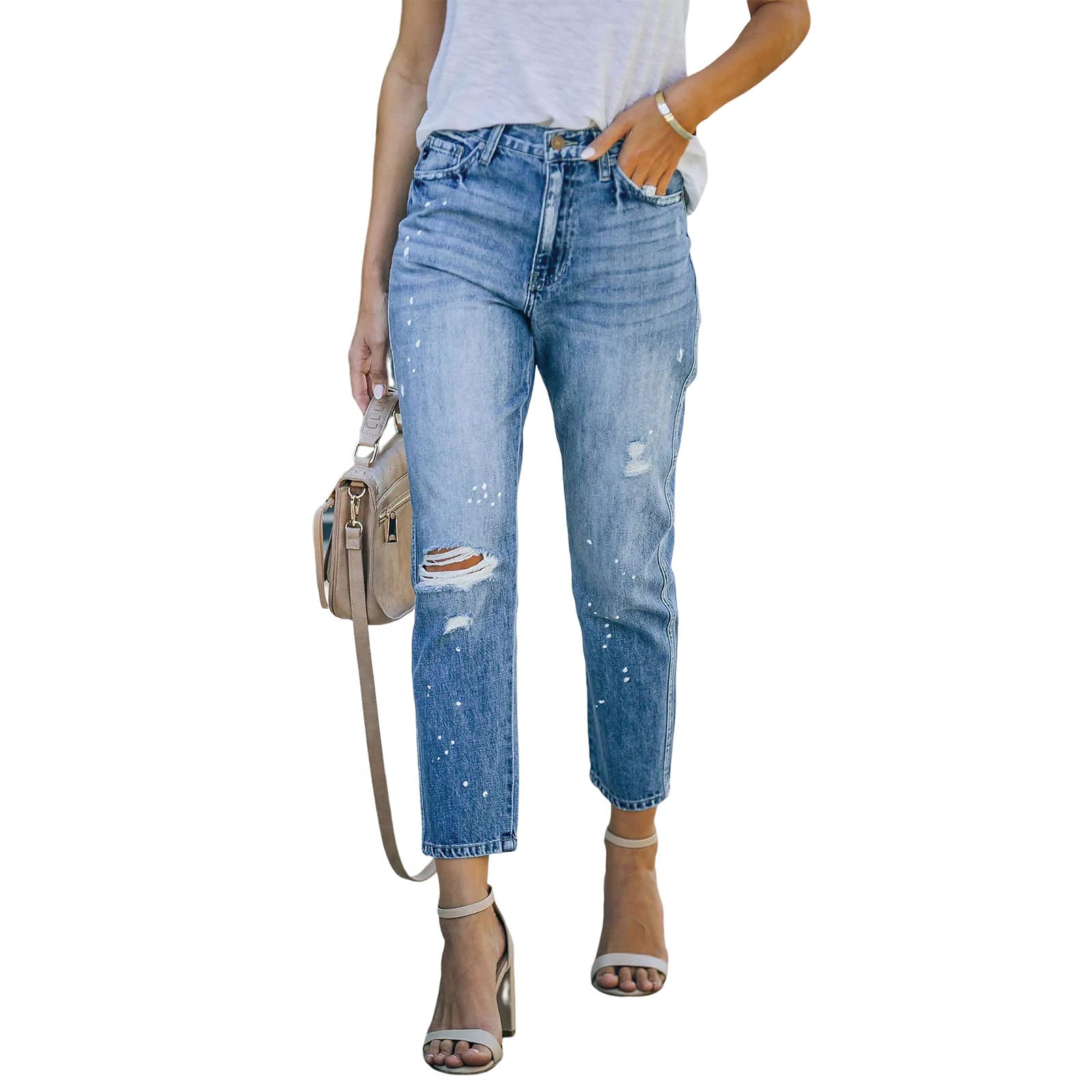 Jeans Damen Stretch Jeans Mit Hoher Taille, Zerrissen, Schmale Passform, Ausgefranste, Dehnbare Denim Hosen In Distressed Optik Jeanshosen Stretch Mit Applikationen
