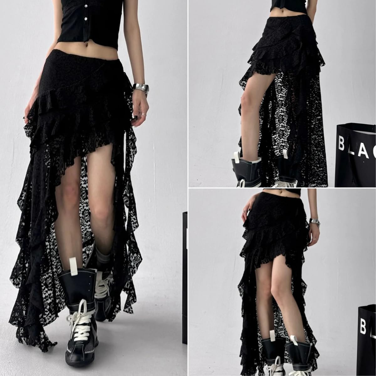 ANKOMINA Women Flowy Boho Maxi Skirt Asymmetrical Ruffle Hem with Floral Lace & Mesh Patchwork,Gothic Tassel Skirt
