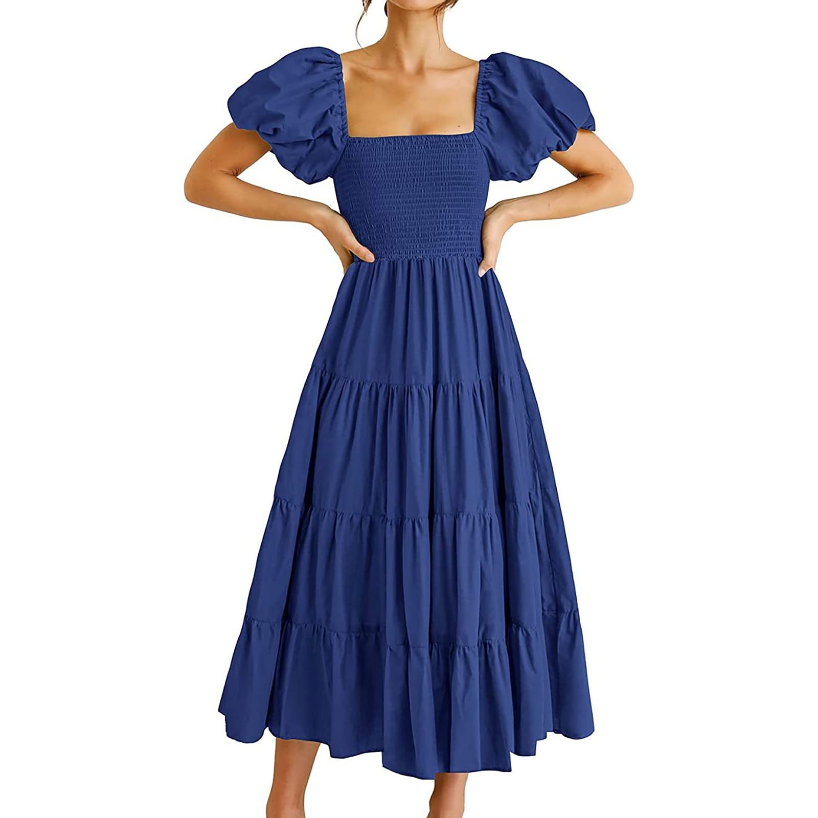 Abito estivo da donna 2026 Abito manica corta pieghettato con scollo angolare Manica a sbuffo senza schiena cotone Abiti lunghi sexy