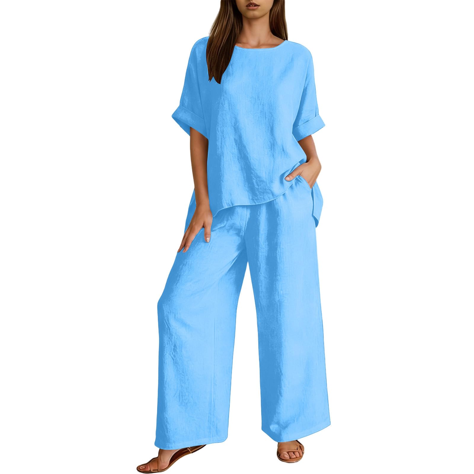 Ybing Leinenanzug Damen 2 Teiler Tracksuit Musselin Tshirt und Weite Bein Leinenhose Zweiteiliges Lose Baumwolle Leinen Sportanzug Leichte Loungewear Set Casual Sommer Outfit Freizeitanzug Homewear