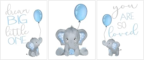 Miniatura 1 de Watercolor Baby Boy Elephant Nursery Art Decor Set of 3 Unframed Prints in Blue and Gray Dream Big Little One, You Are So Loved