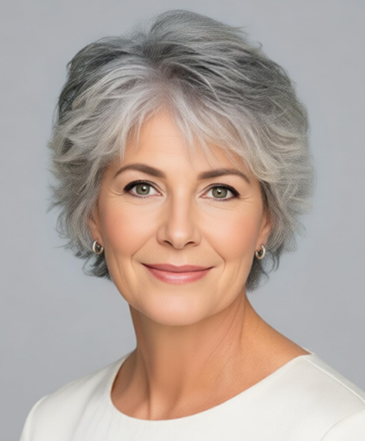 SEVENCOLORS Short Grey Wigs for White Women Layered Mixed Silver Curly Wigs with White Bangs Grandma Synthetic Hair Gray Wigs for Older Women