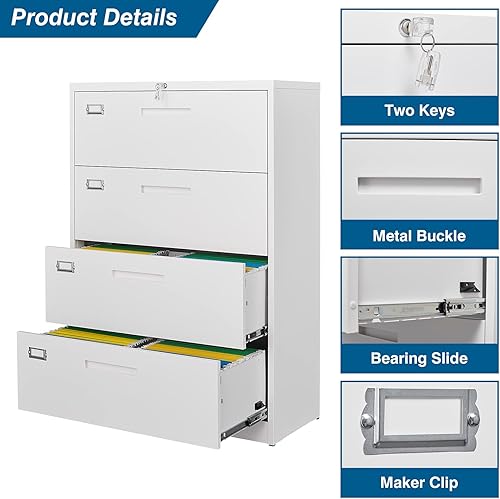 Vista 22 de Archivador de metal con cajón, archivador lateral vertical con cerradura, archivador con gabinete de almacenamiento para oficina en casa, gabinete