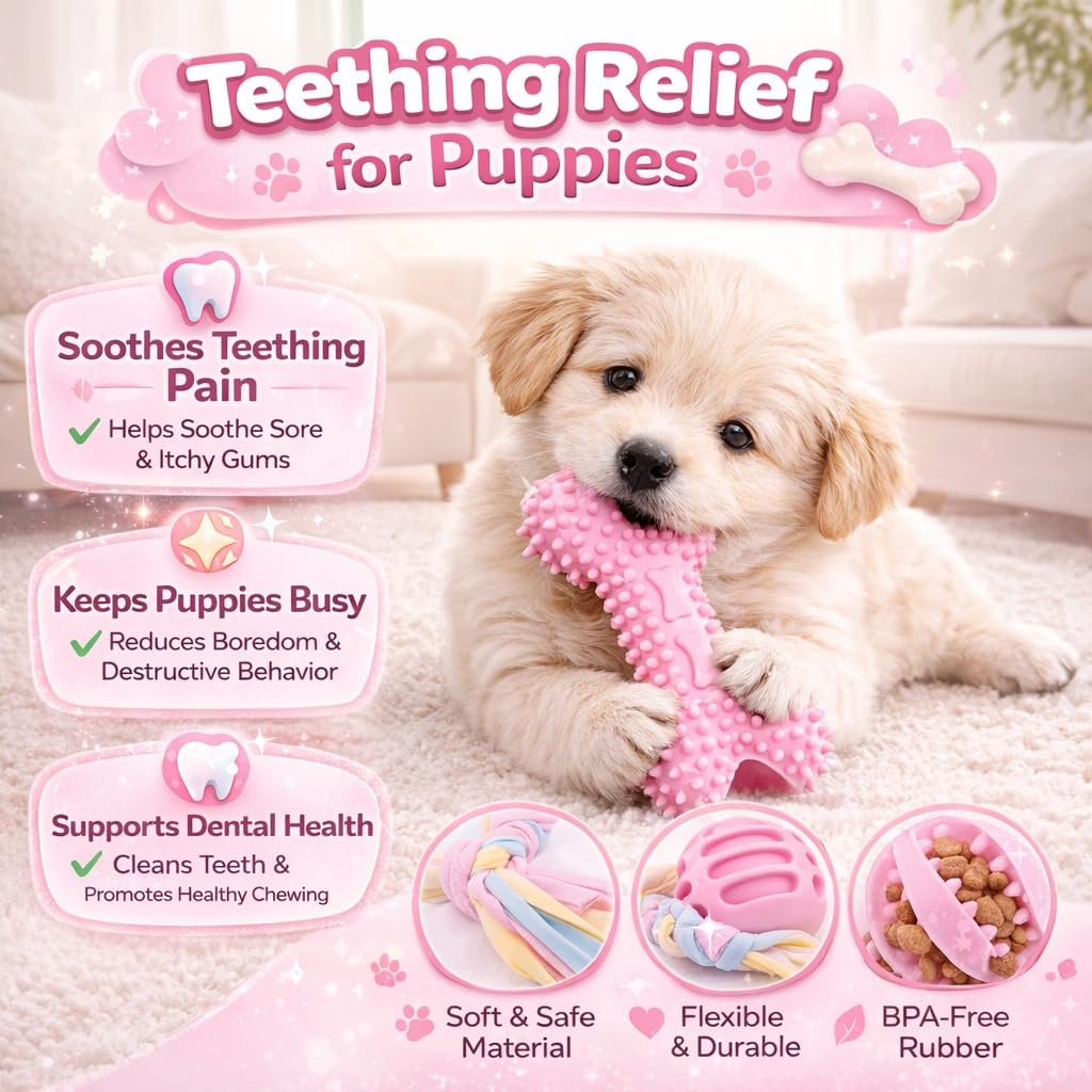 Paquete de 6 juguetes de dentición para cachorros, juguetes para perros pequeños para razas pequeñas, bonitos juguetes masticables de goma rosa, esenciales para cachorros, el mejor cumpleaños