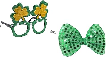 EBK St. Patricks Novelty GlassesBonus Shamrock Plastic Necklace Sequined Bow tie