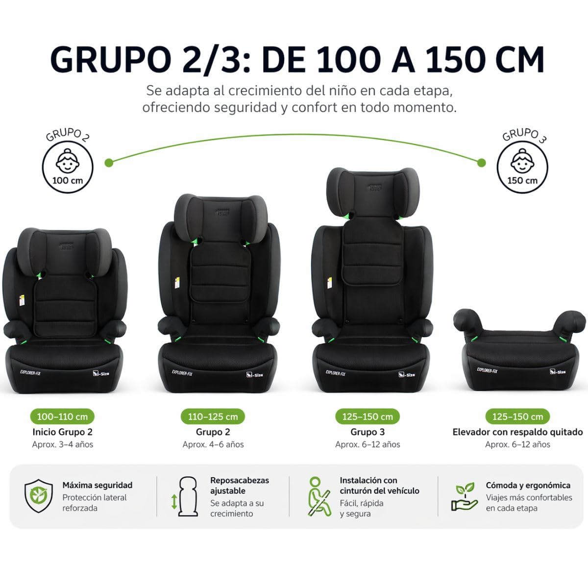 First Step Explorer Fix Silla Coche Niño i-Size (100-150 cm), Grupo 2/3 ISOFIX, Reposacabezas 13 Posiciones, Reclinable, Protección Lateral SPS, De 3,5 a 12 Años, Convertible en Alzador, Negro