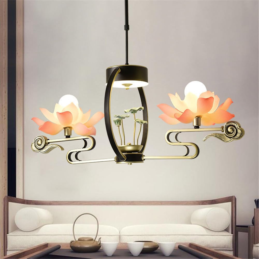 LYMSXAZOU Contemporary Lotus Pendent Lights Chinese Retro Creativity Villa Living Room Restaurant Bedroom Tearoom Study Hotel LED Decoration Chandelier (A 2 Lights)