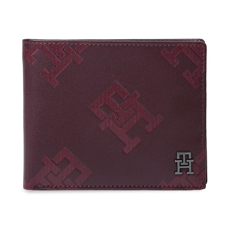 Tommy Hilfiger Men’s Leather Wallet Branco – Wine | Embossed & Printed Bi-Fold with Global Coin Pocket, 4 Card Slots | Stylish Purse for Gents