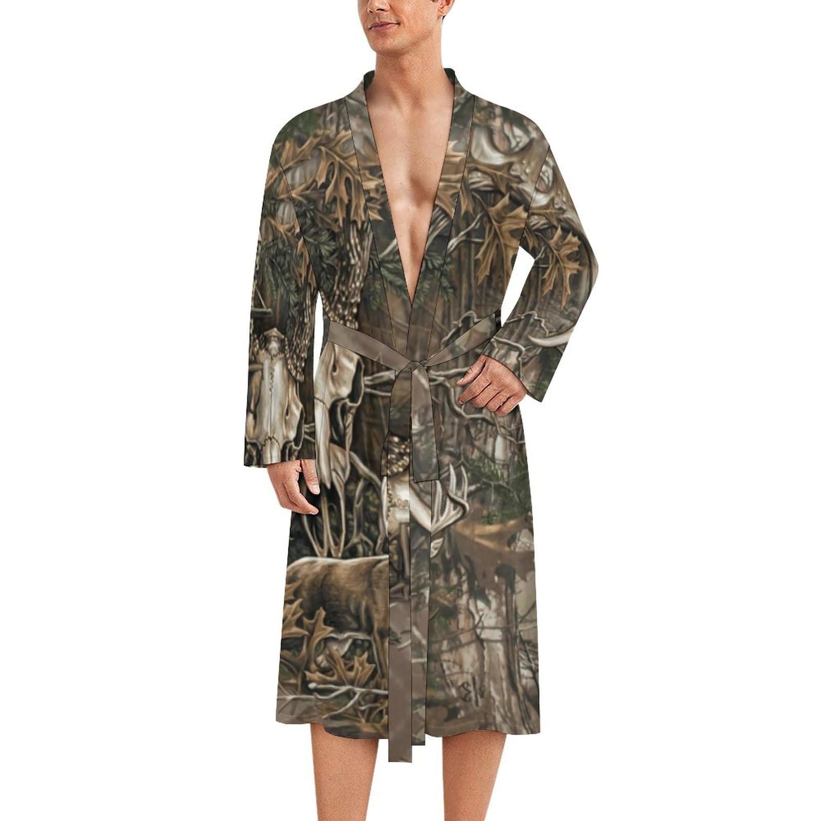 FWJZDSP Deer Hunting Camouflage Bull Skull Mens Summer Robes Lightweight Bathrobe Bath Robe Knee Length Shawl Collar Loungewear