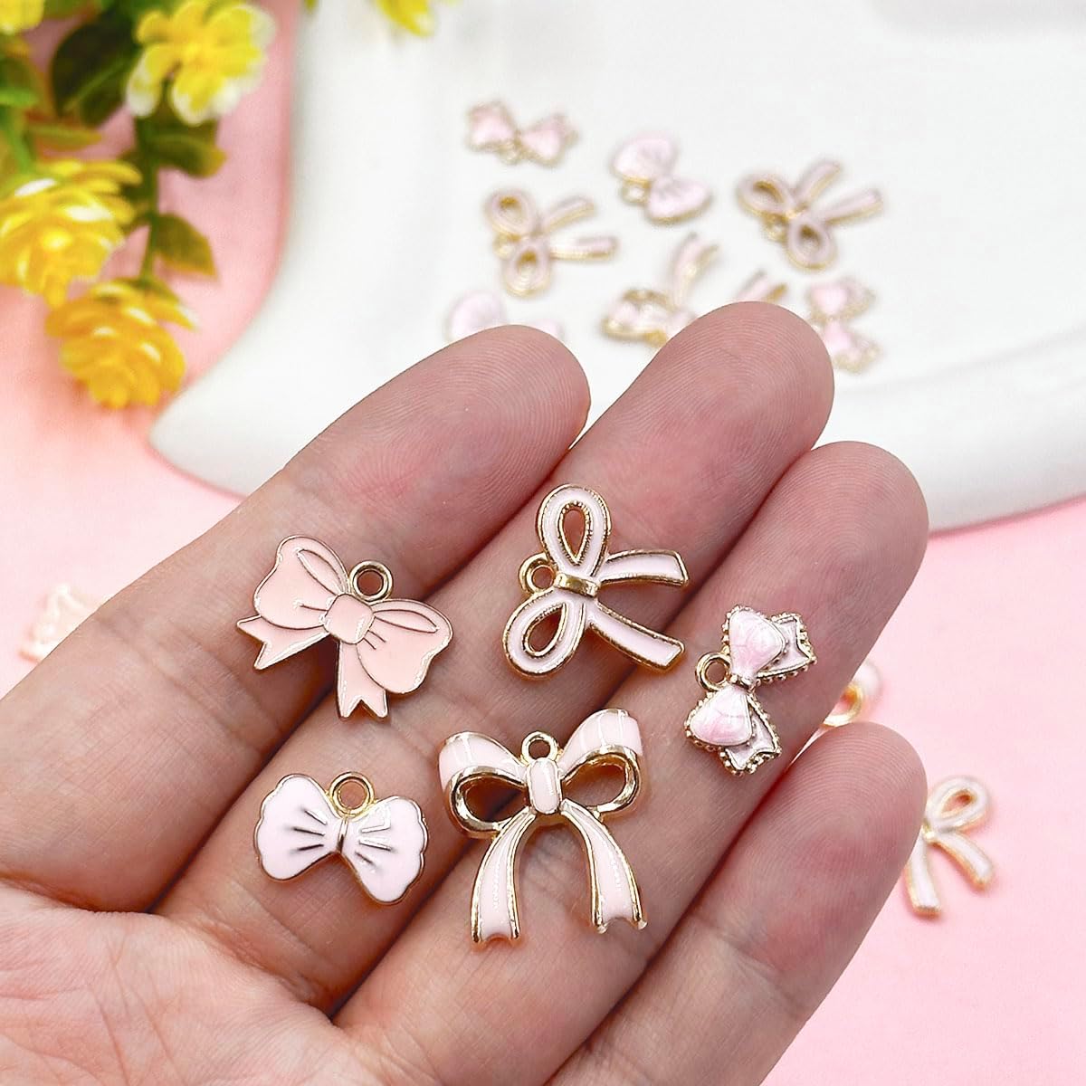 Bownot Charms Bulk Pink Bow Charms, 40pcs Alloy Enamel Flat Bow Tie Dangle Pendants,Cute Bow Charm for Jewelry Making DIY Craft Earrings Neclaces Bracelet Supplies - Image 3