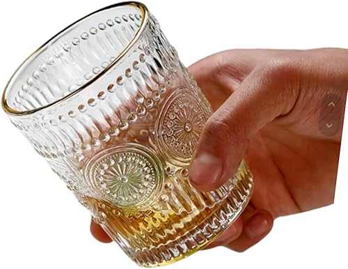 Miniatura 4 de Juego de 2 vasos vintage de 10 onzas para beber de cristal transparente, bonitas tazas de vidrio con girasol en relieve para café helado, té, jugo,