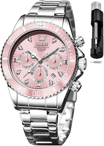 OLEVS Womens Watch Fashion Dress Diamond Female Watches for Ladies Analog Quartz Stainless Steel Waterproof Luminous Day Date Two Tone Wristwatch