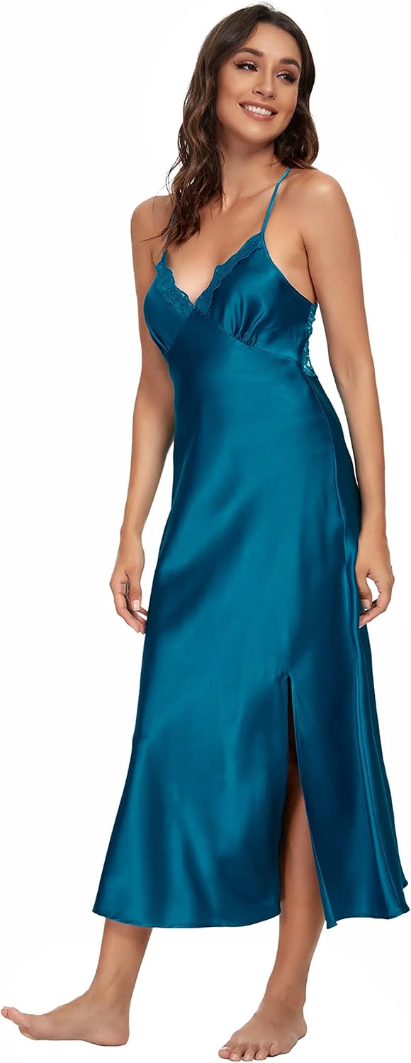 ALCEA ROSEA Women Silk Satin Nightgown Sexy Lace Chemise Lingerie Long Sleepdress for Ladies Sleepwear Slip Negligee - Image 3