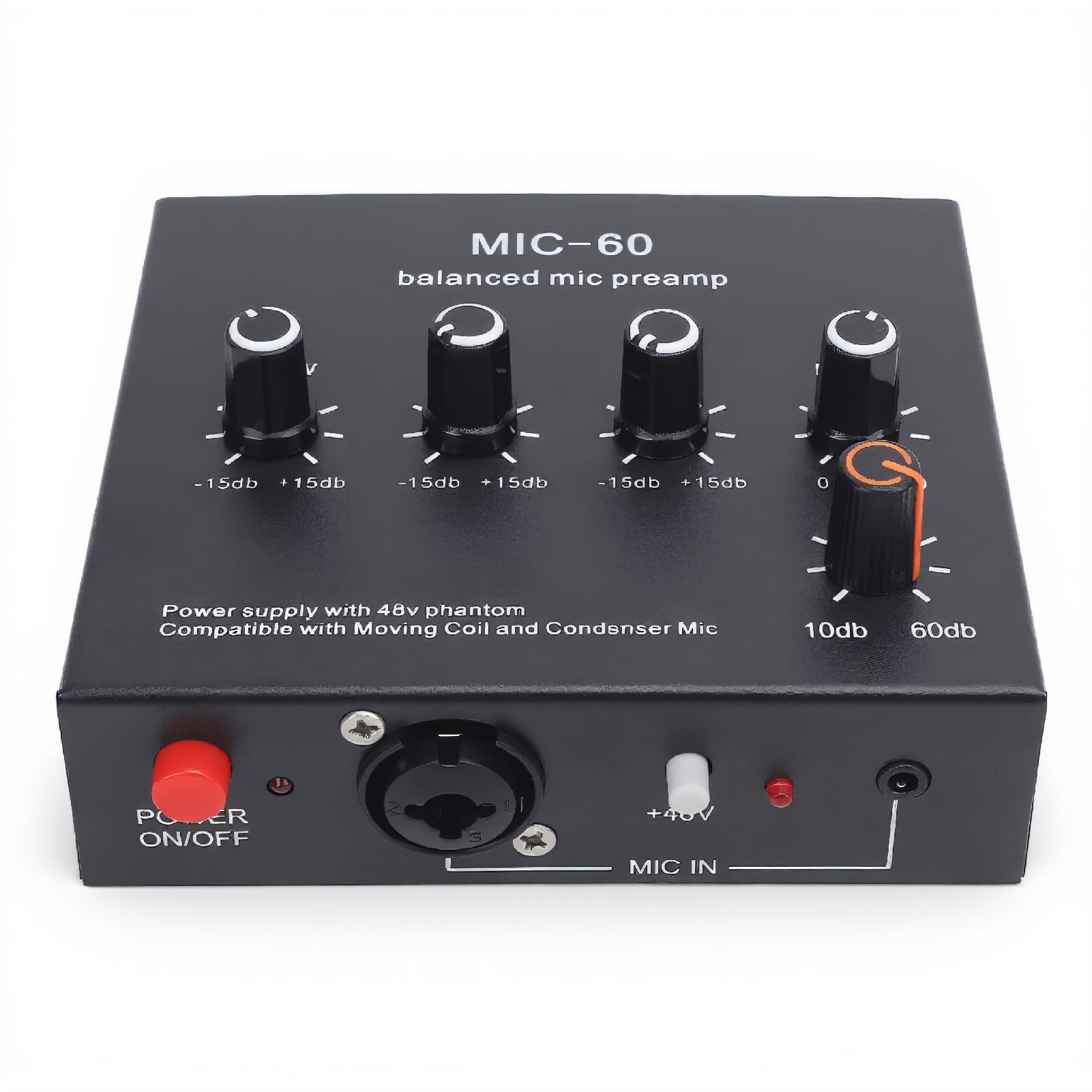Microphone Preamp with 3 Input 60dB Gain 48V Power, Mic Gain Booster for Condenser Dynamic Mic
