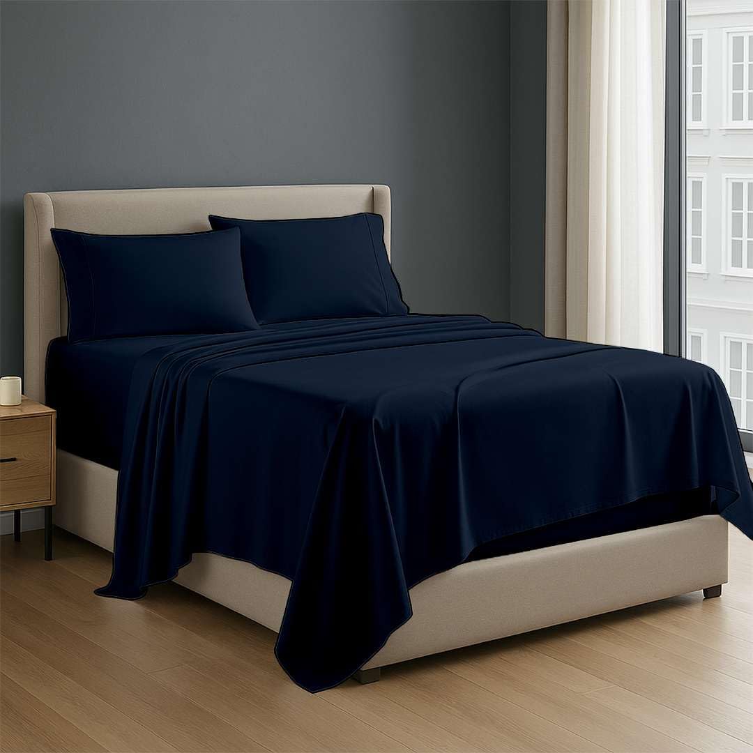 NON Sticky cotton 4 Piece Egyptian Cotton Fitted Premium Sheet Set Twin XXL, 22 Inch Deep Pocket of Cotton Sheets, Navy Blue Solid