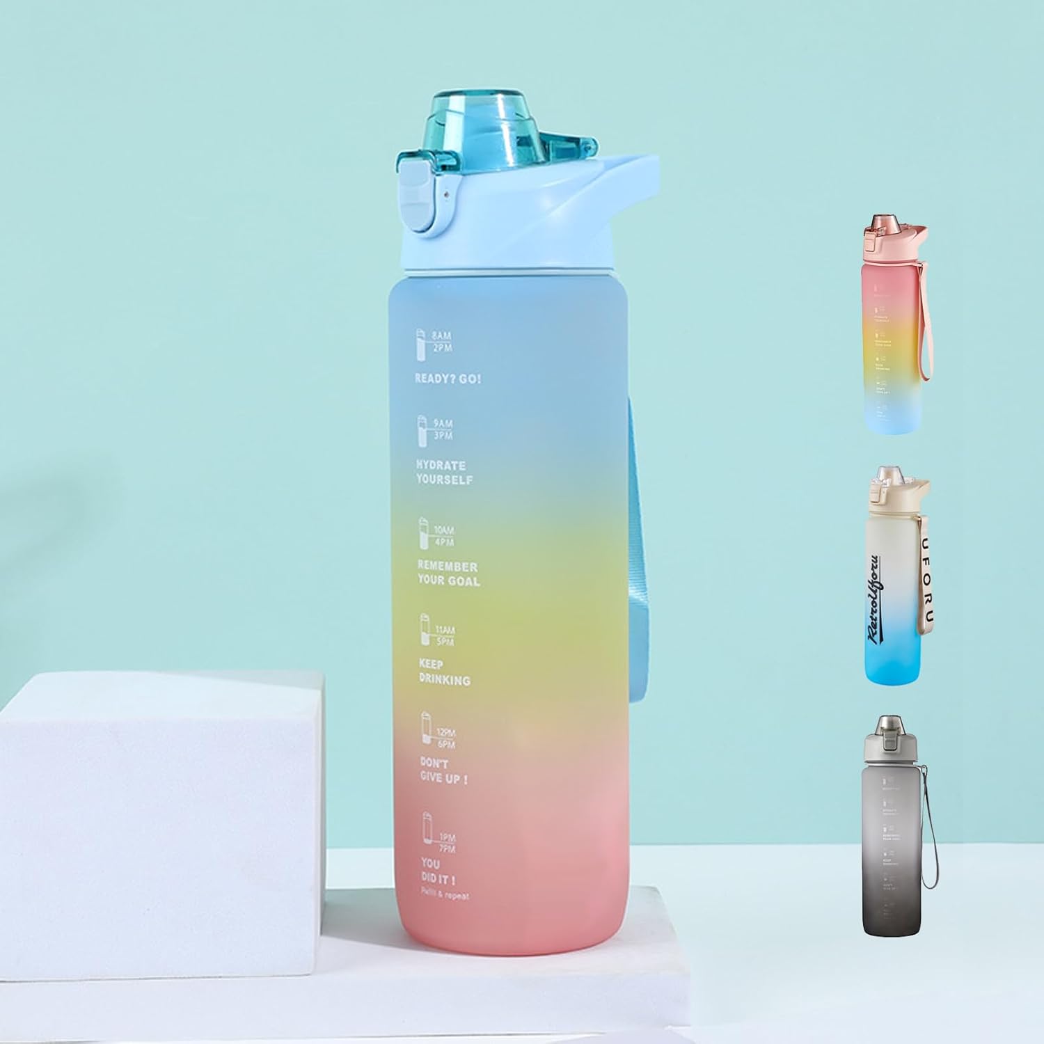 DEARART 32oz Blue Water Bottle With Motivational and Time Marker, BPA FREE Quick Drink With Narrow Suit Sports Walking Office Gym Yoga ect.