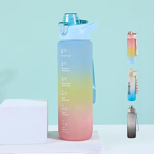 DEARART Botella de agua azul de 32 onzas con motivación y marcador de tiempo, bebida rápida sin BPA con traje estrecho, deportes, caminar, oficina,