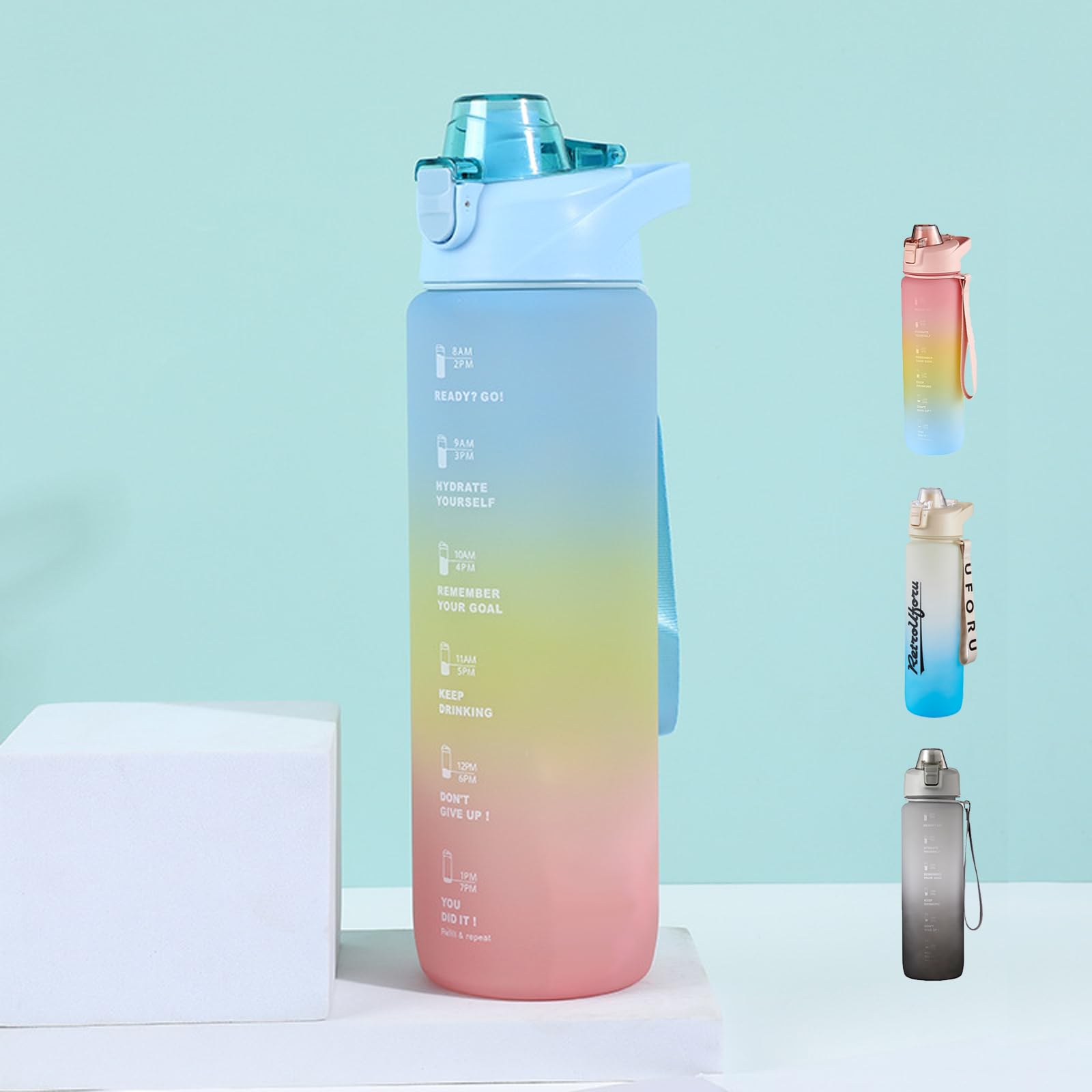 DEARART 32oz Blue Water Bottle With Motivational and Time Marker, BPA FREE Quick Drink With Narrow Suit Sports Walking Office Gym Yoga ect.