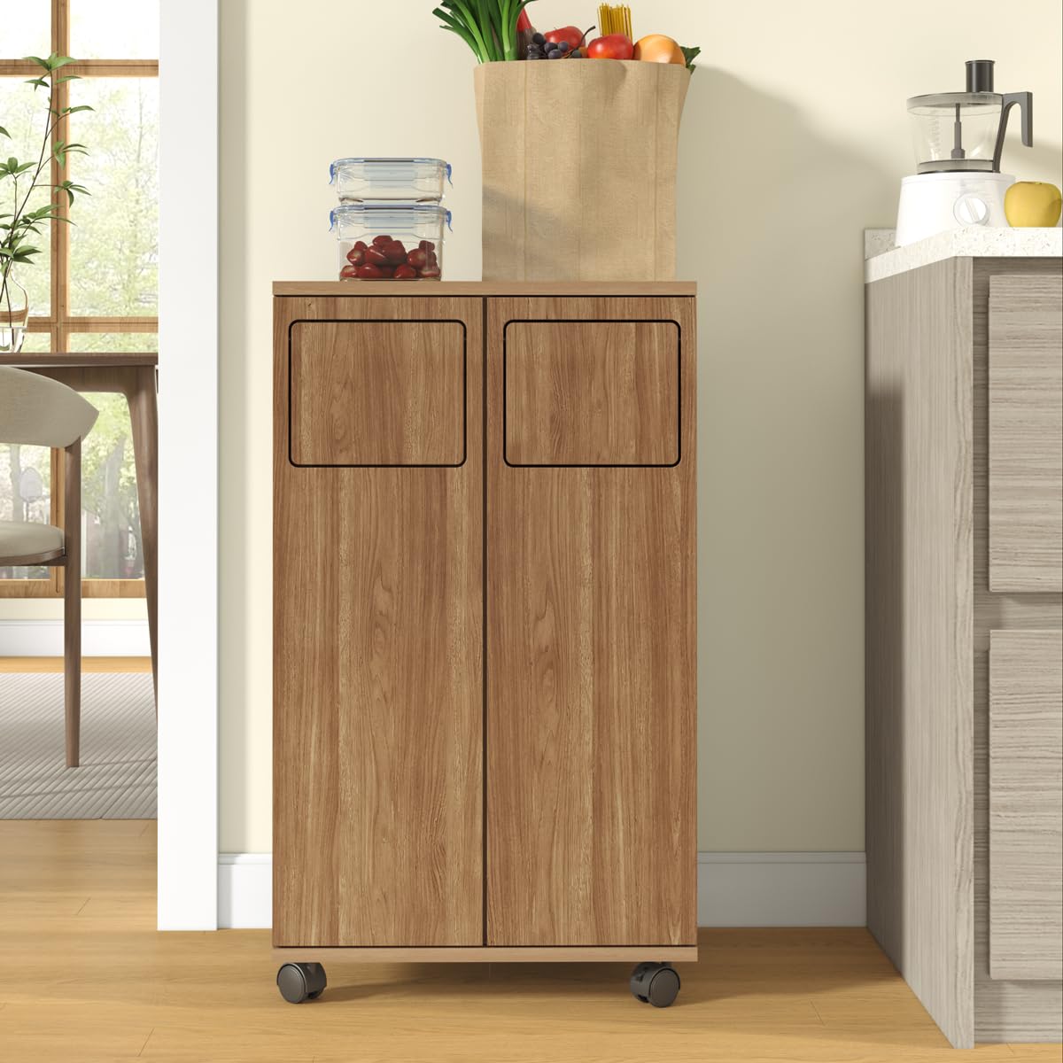 Mülleimer Schrank Küche, Mülleimer mit Rollen, Küchenschrank mit Mülltrennsystem, Mülltrennsystem 2 fach, Univeralschrank in Hellholz-Optik, Recyclingschrank (Naturholzfarbe, 46,7x35x80cm)