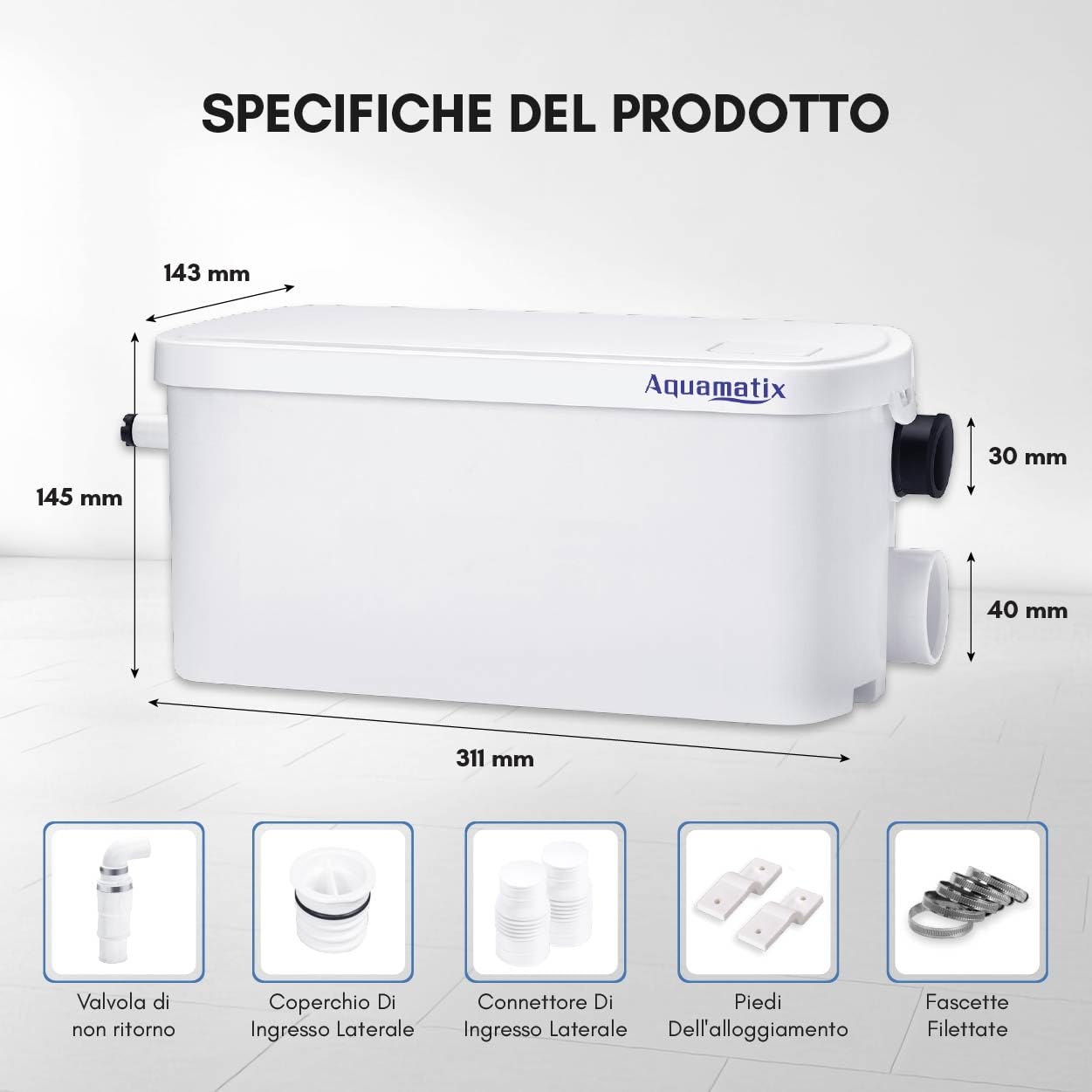 Aquamatix Pompa Doccia 250W Trituratore Pompa Maceratore 8m Distanza di pompaggio verticale 100L/min per docce, lavandini 2 ingressi