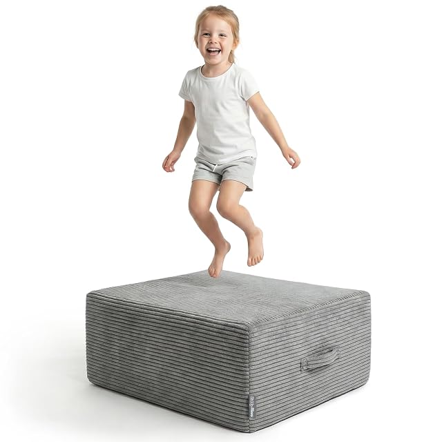 KiddyMoon Mini Trampolin Interior Ninos Cojin Puf 2 En 1 Muelles Funda Extraible Tejido Acanalado Dos Asas…