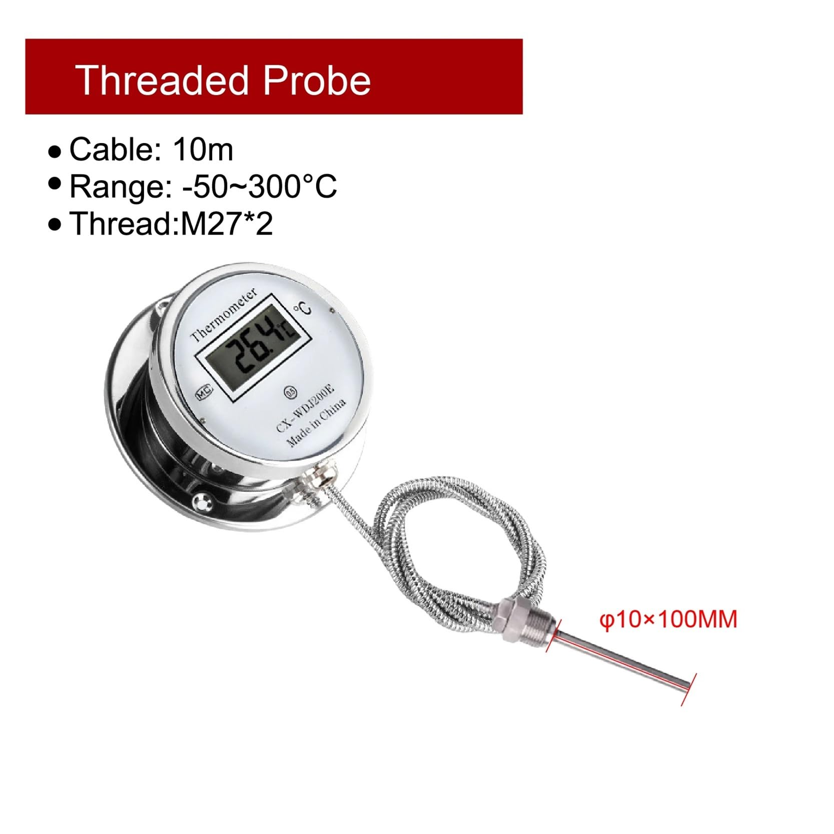 Termómetro digital de acero inoxidable con sonda y pantalla digital.(10m M27-Thread)
