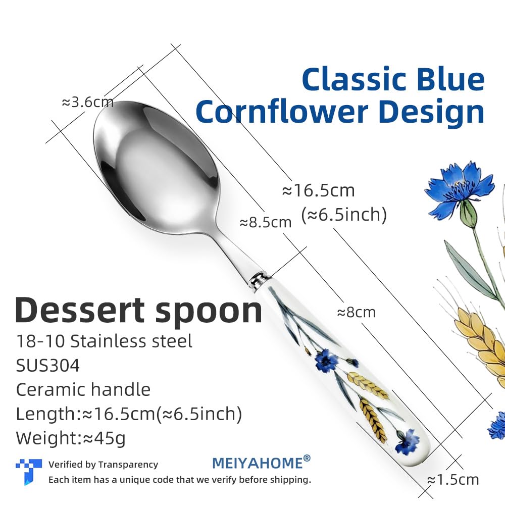 Cuchara de postre de acero inoxidable 18-10 de alta calidad, SUS304, 6.5 pulgadas, 16.5 cm, con mango de cerámica de flor azul de trigo pintado a mano, para el hogar, cocina, restaurante, fiesta (8