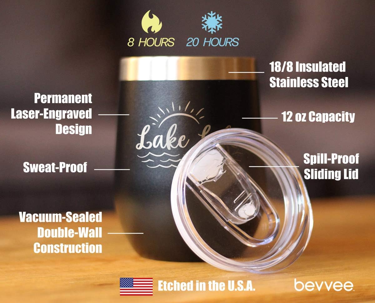 Lake Life - Wine Tumbler with Sliding Lid - Stemless Stainless Steel Insulated Cup - Cute Outdoor Camping Mug - Black - Image 4