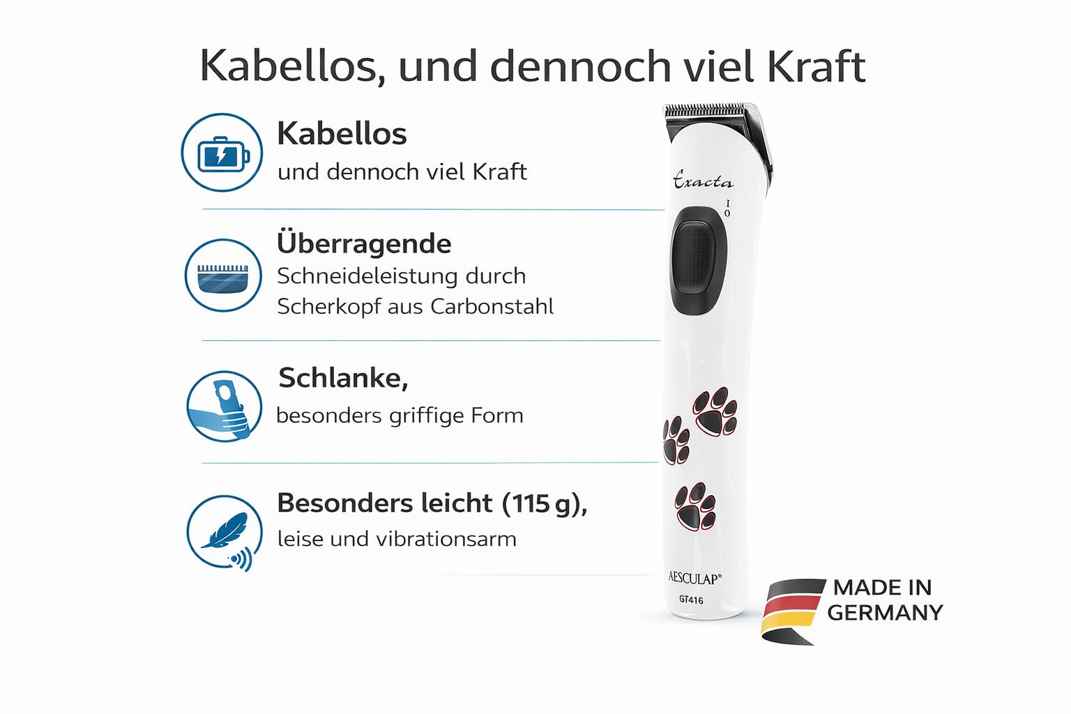 Aesculap Exacta Hundeschermaschine Hundetrimmer Pfotentrimmer + Tasche | Präzise Hundeschermaschine für Pfoten, Gesicht, Ohren und Feinarbeiten. Ideal für Hunde. Made in Germany. 43528