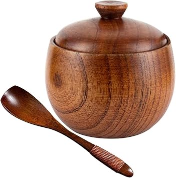 DKULMN Wooden Salt Box with Lid and Spoon, Seasoning jar Round Sugar Condiment Bowls Storage Jars Keepers For Spices, Seasonings