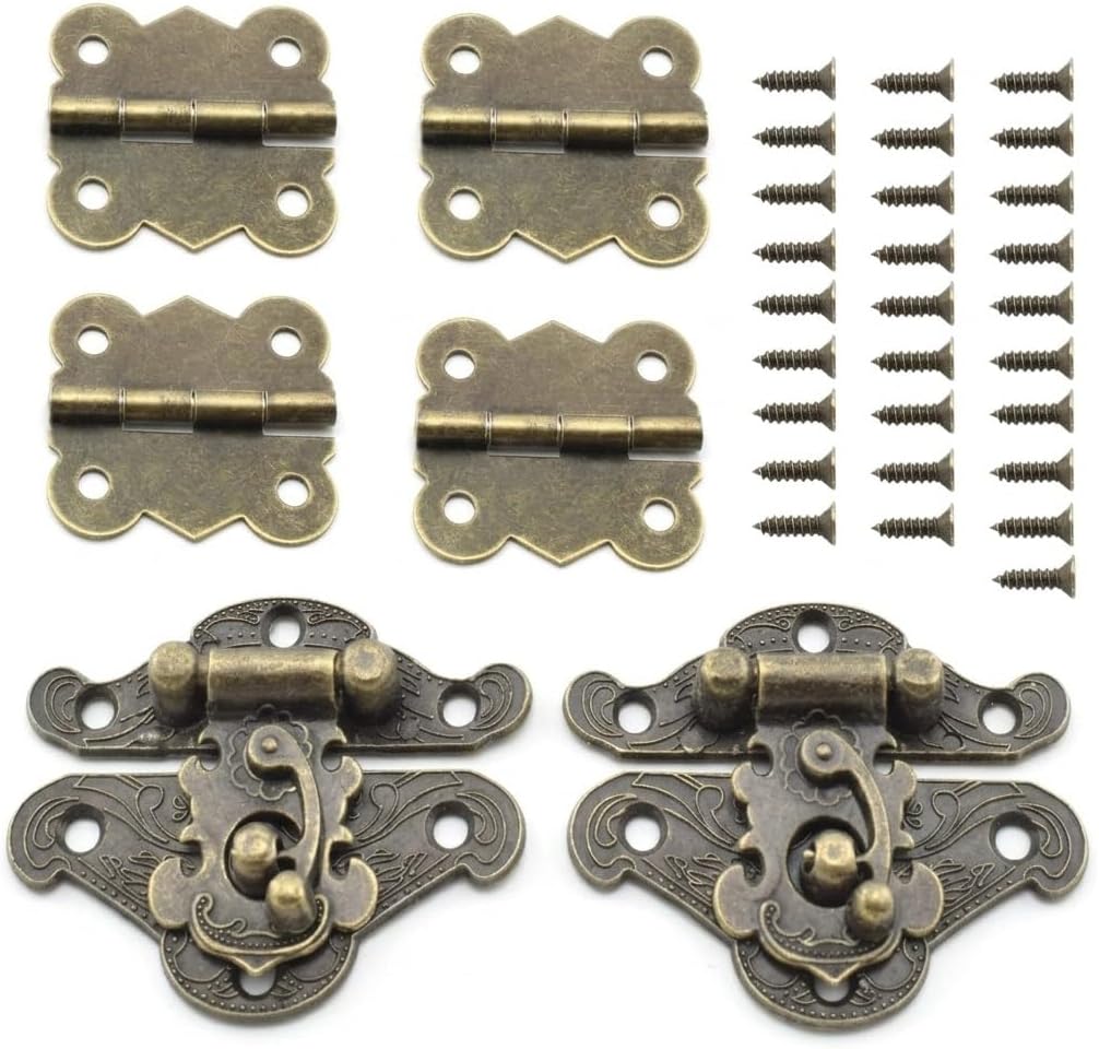 Antique Bronze Mini Box Hinges and Latch Set, Ornate Engraved Butterfly Hinges 1.2" x 1.08", Decorative Clasp 1.9" x 1.5", with Screws