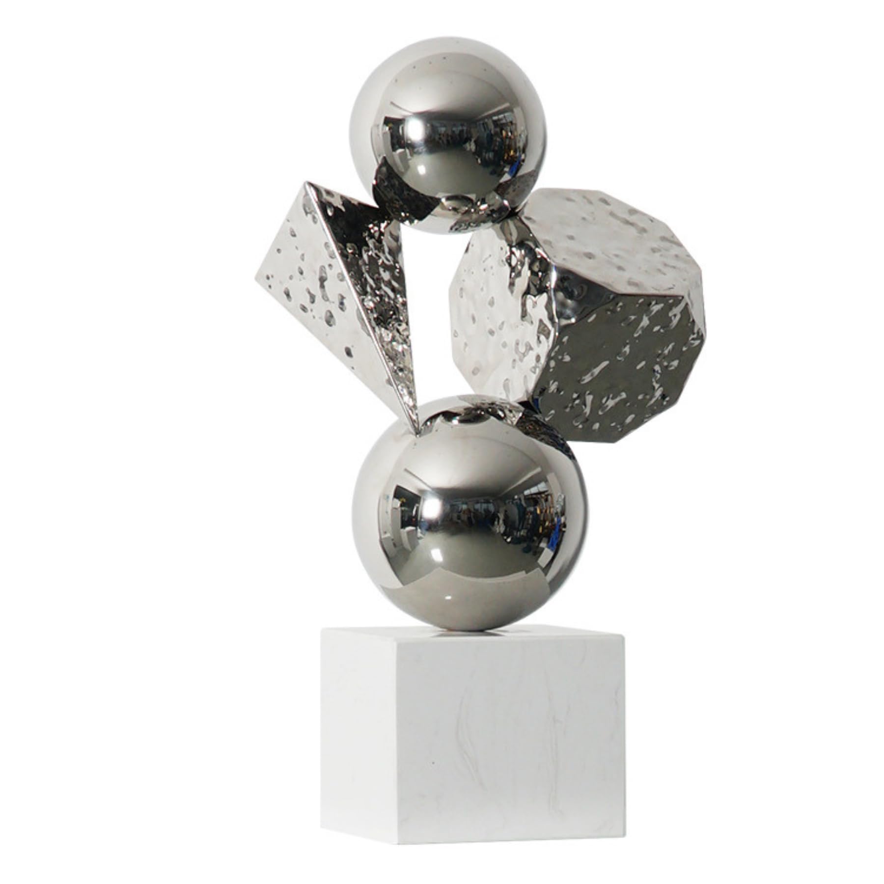 Aottsd H:23.6 In Silver / White Base Geometric Abstract Statue Stainless Steel Sphere Hexahedron Pyramid Lobby Decor