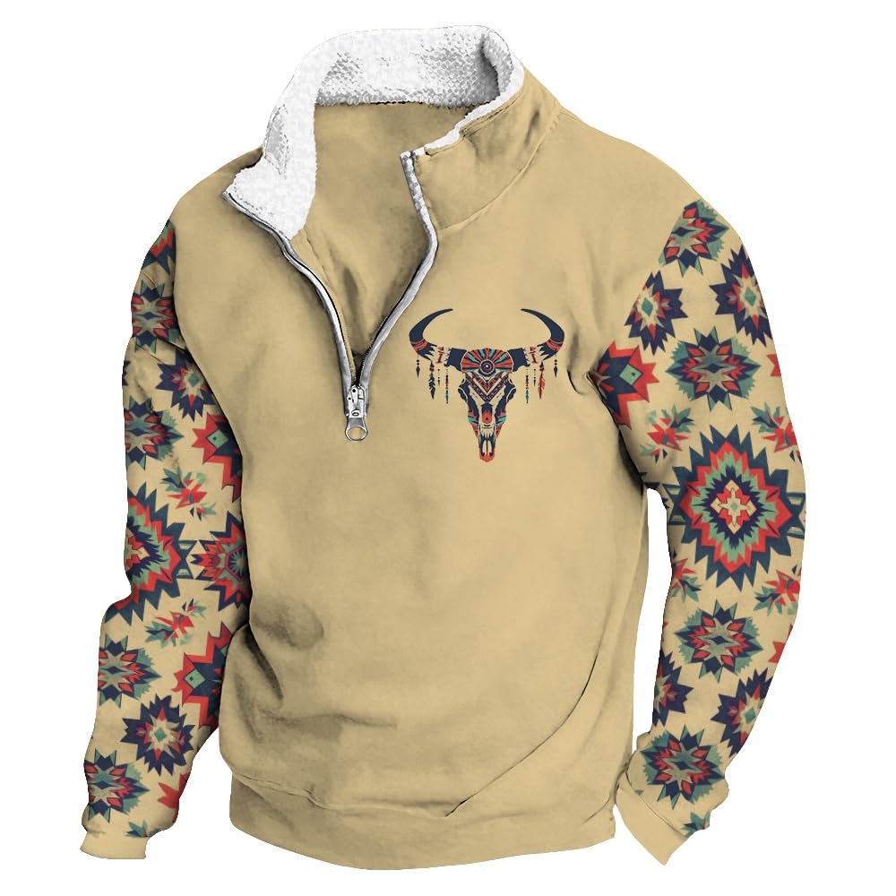 Fleece Stand Collar Sweatshirts for Men Aztec Print Long Sleeve 1/4 Zipper Sweatshirt Western Cowboy Graphic Hoodies Loose Fit Pullover Country Jackets I-Cow Skull Apricot 02 M