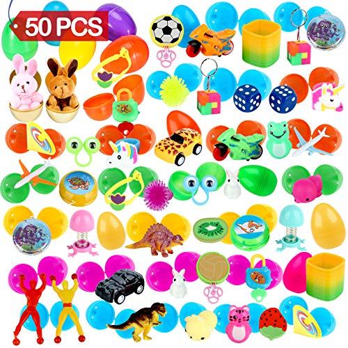 Sizonjoy 50 Toys Filled Easter Eggs, Different Kinds of Popular Prefilled Toys, Bright Colorful Prefilled Plastic Easter Eggs, Prizes,Kids Party Favors
